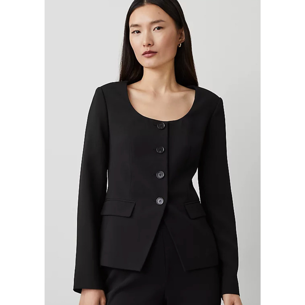 NEW ANN TAYLOR BLACK FLUID CREPE FITTED U-NECK BLAZER JACKET SZ 14